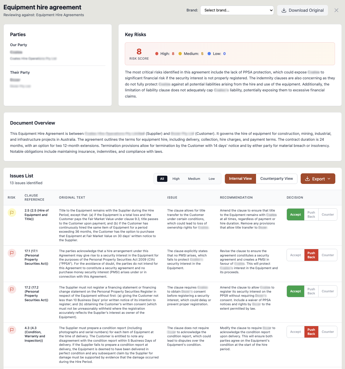 INKD AI contract review with risk scoring and issue tracking