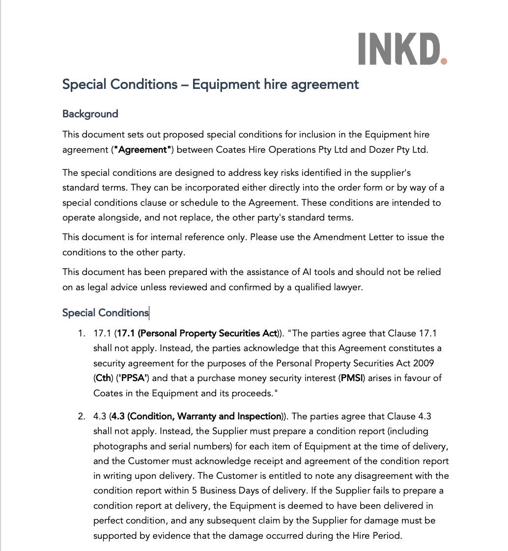INKD Review - special conditions document